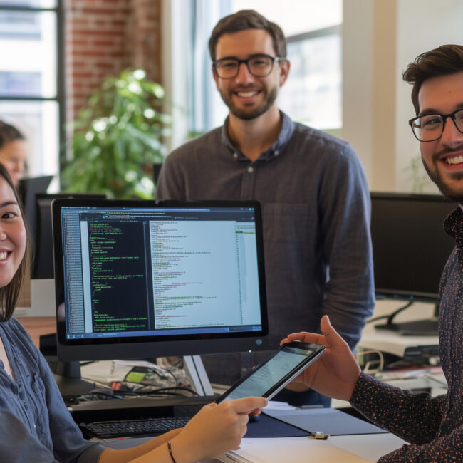 Team of smiling software developers collaborating in a modern office space, showcasing teamwork, technology, and creativity in a dynamic work environment Team of smiling software developers collaborating in a modern office space, showcasing teamwork, technology, and creativity in a dynamic work environment